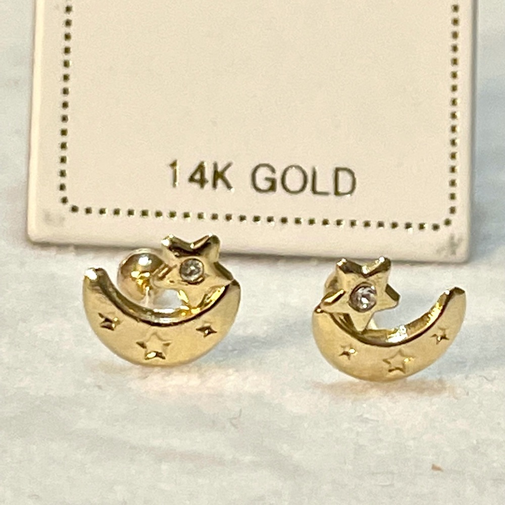 Solid Yellow Gold 14 Karat Half Moon And Star Stud 7x8mm Earring